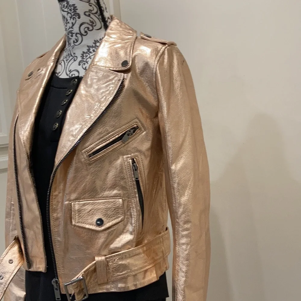 Zara Woman Metallic Rose Gold Leather Moto Jacket - Picture 9 of 16